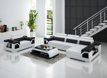 Ledersofa mit USB Wohnlandschaft Ecksofa +Sessel Eck Garnitur Design Modern Sofa