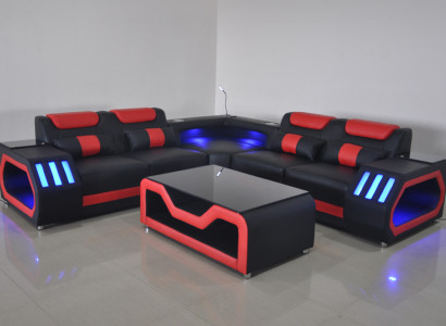 Wohnzimmer Ecksofa L-Form Leder Holz Modernes Design Polsterung Couch Neu