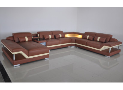 Wohnlandschaft U-Form Cream Braun Ecksofa Leder Sofa Couch Polster Eck Sitz Neu