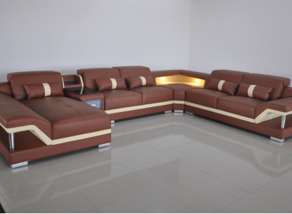 Wohnlandschaft U-Form Cream Braun Ecksofa Leder Sofa Couch Polster Eck Sitz Neu