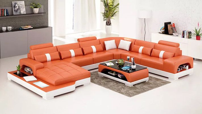 Modernes Sofa Ecksofa UForm Couchtisch Ledersofa Ecksofa Polster Orange Luxus