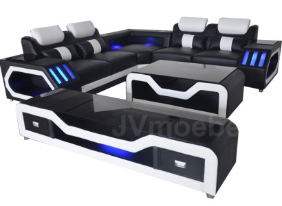 Ledersofa Wohnlandschaft Eck Garnitur Design Modern Sofa mit USB + Couchtisch