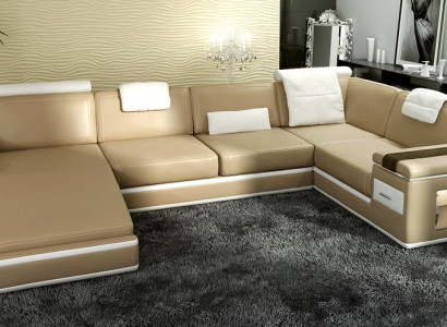 Ecksofa Sofa Couch Polster Leder Garnitur Wohnlandschaft Ecke Wohn Beige