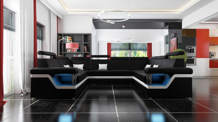 Ledersofa mit USB Big XXL Couch Ecksofa Wohnlandschaft Couch Polster Sitz LED