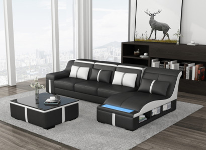 Design Eck Sofa USB LED + Tisch Polster Eck Sitz Leder Garnitur Wohnlandschaft