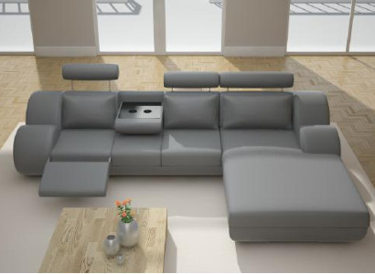 Designer Garnitur Wohnlandschaft Eckcouch Sofa USB Polster Ledersofa Sofas Grau