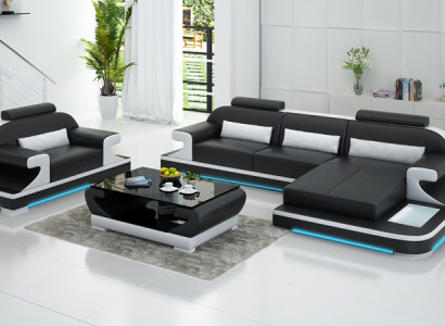 Ledersofa Couch Wohnlandschaft Ecksofa + Sessel Neu Garnitur Design Sofa G8021E