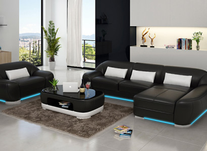 Ledersofa Couch Wohnlandschaft Ecksofa + Sessel Eck Garnitur Design