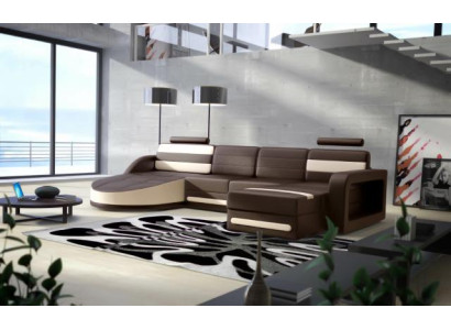 WOHNLANDSCHAFT COUCH GARNITUR DESIGN ECKCOUCH Braun-Beige LEDERSOFA XXL ECKSOFA