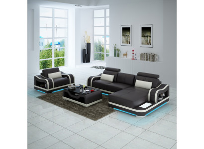 Ledersofa Couch Wohnlandschaft Ecksofa + Sessel Eck Garnitur Modern G8030E