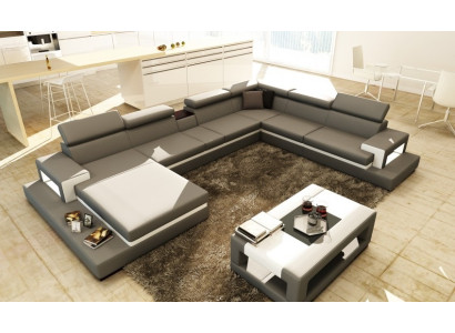 Ledersofa mit USB,Sofa Ecksofa U Form Couch Wohnlandschaft Designer Sitz Ecke