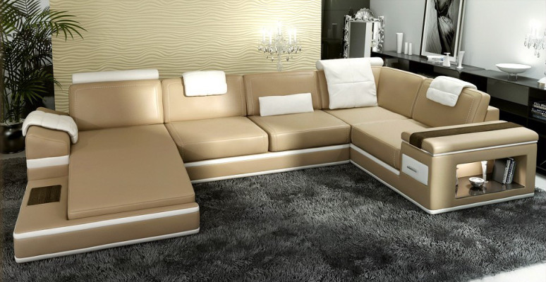 Ecksofa Sofa USB + LED Wohnlandschaft U Form Polster Couch Ledersofa Stoff Leder