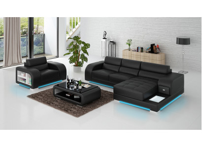 Ledersofa mit USB Couch Wohnlandschaft Ecksofa + Sessel Garnitur Design Sofa Neu