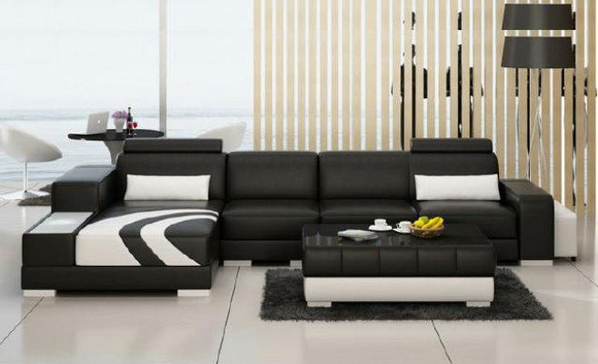 Sofa Couch Wohnlandschaft XXL Couch Ledersofa mit Ottomane Sofagarnitur V015