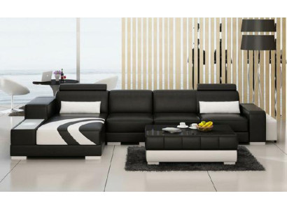 Sofa Couch Wohnlandschaft XXL Couch Ledersofa mit Ottomane Sofagarnitur V015