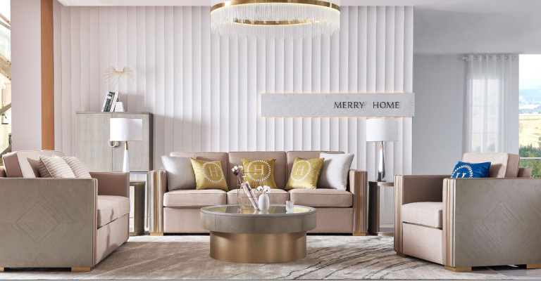 Designer Couch Sitz Polster 3+1 Sitzer Beige Edelstahl Garnitur Sofa Samt Neu