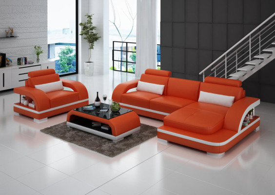 Ledersofa Couch Wohnlandschaft Ecksofa + Sessel Garnitur Modern Sofa LED + USB