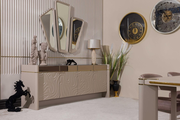 Luxus Esszimmer Set Esstisch + 6x Stühle Sideboard mit 3xSpiegel Essgruppen