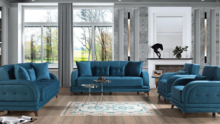 Sofagarnitur 3+2+1+1 Holz Wohnzimmer Luxus Sofa Modern Stoff Komplett Neu Modern