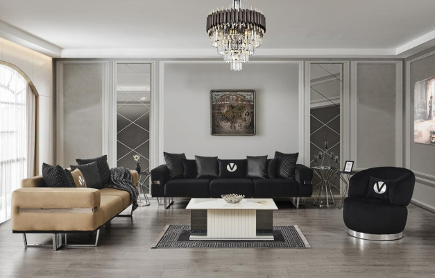 Modernes Wohnzimmer Set Schwarzes Sofa schwarzer Sessel Couchtisch neu