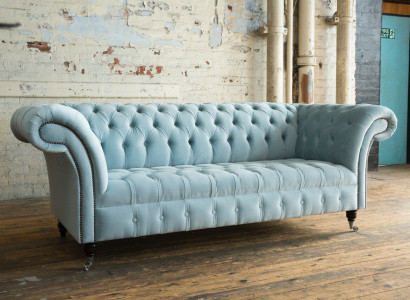 Chesterfield 3 Sitzer Polster Couch Leder Sofa Couchen Textil Modern Stil Blau