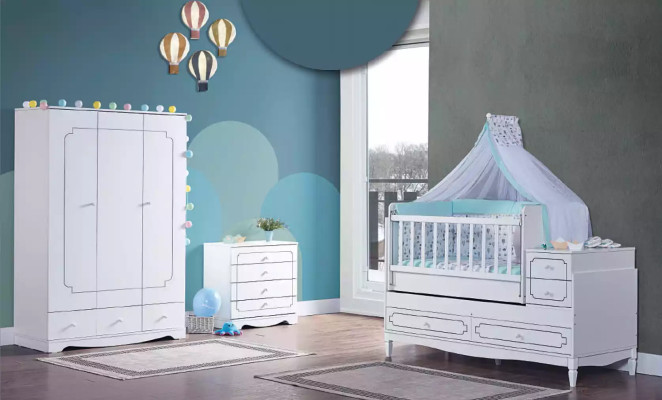 Kinderbett Säugling Baby Kleinkind Bett Holzbett Weiß mit Regalen