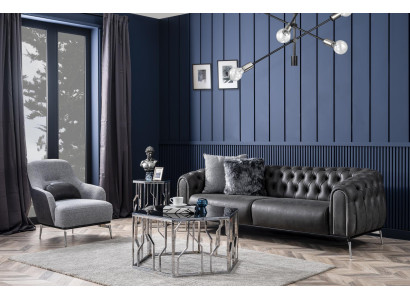 Chesterfield Garnitur Sofa 4 Sitz Sessel Viersitzer Kunstleder Schwarz