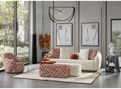 Sofagarnitur Wohnzimmer Set Sofa 4 Sitzer Sessel 3x Hocker Weiß Viersitzer Stoff