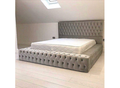 Chesterfield Big Bett Großer Kopfteil Betten Polster Hotel Samt Grau Stoff Ohren