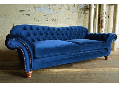 Design Sofa 4 Sitzer Couch Textil Polster Blau Klassische Sofas Chesterfield Neu