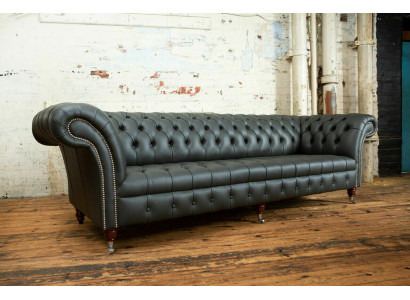 Grauer Chesterfield 4 Sitzer Big Sofa Couch Textil Leder Polster Sofas