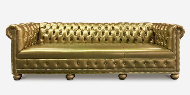 Chesterfield 3 Sitzer Sofa Couch Leder Garnitur Polster Sitz Stoff Gold Sitz Neu
