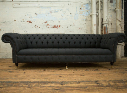 Schwarze Chesterfield Textil Leder Sofa Couch Polster Big Sitzpolster xxl 265cm
