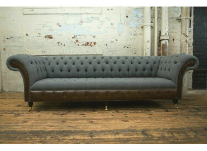 Design Chesterfield Sofa 4-Sitzer Grau Couch Polster Leder Sofas Wohnzimmer Neu