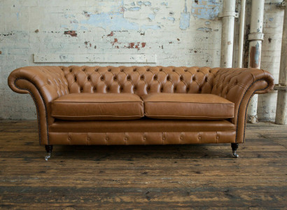 Sofa 3 Sitzer Couch Chesterfield Polster Sitz Garnitur Leder Braun Textil