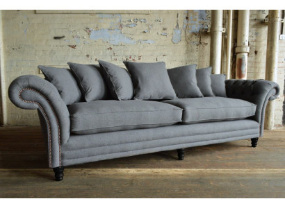Klassische Chesterfield Couch 4 Sitzer Sofa Couch Samt Leder Design Grau 265cm