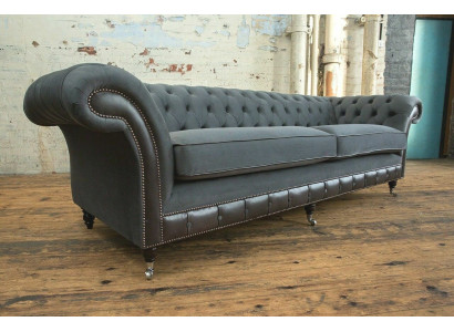 Klassische Chesterfield Couch 4 Sitzer Sofa Couch Samt Leder Design Schwarz Neu