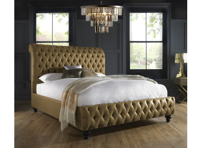 Gold Luxus Samt Textil England Bett Doppel Design Chesterfield 160x200cm Betten