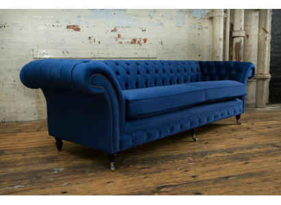 Klassische Chesterfield Couch 4 Sitzer Sofa Couch Samt Leder Blau Design Polster
