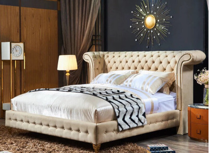 Klassisches Schlafzimmer Bett Beige Textil Leder Polster Doppelbett 180x200cm