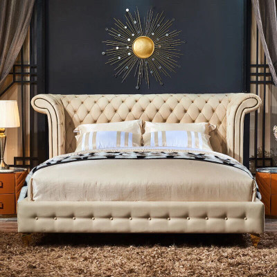 Klassisches Schlafzimmer Bett Beige Textil Leder Polster Doppelbett 180x200cm