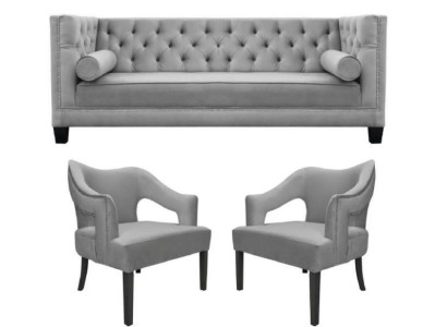 Silber Samte Garnitur Sofagarnitur 3tlg. Set Couch Sitz Polster Chesterfield