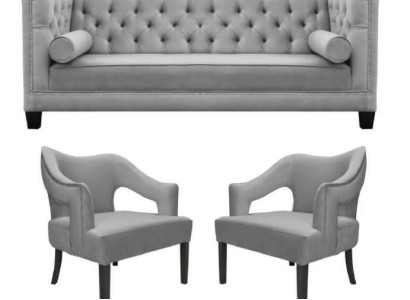 Silber Samte Garnitur Sofagarnitur 3tlg. Set Couch Sitz Polster Chesterfield