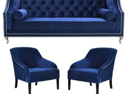 Blaue Chesterfield Sessel Blau xxl Textil Stoff Couchen Gruppe Möbel Garnitur