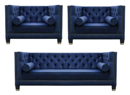 Chesterfield Blaue Sofagarnitur 3tlg Set Couch Garnituren Sitz Polster Gruppe