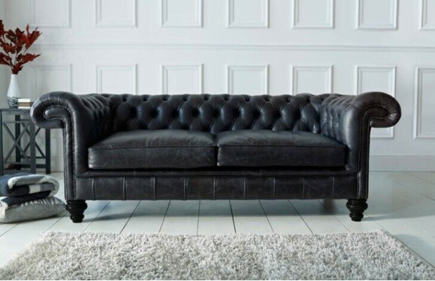 Designer grauer Chesterfield 3-Sitzer Luxus Wohnzimmer Couch