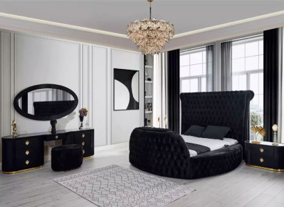 Schlafzimmer schwarz Set Bett 2x Nachttische Schminktisch Chesterfield 5tlg