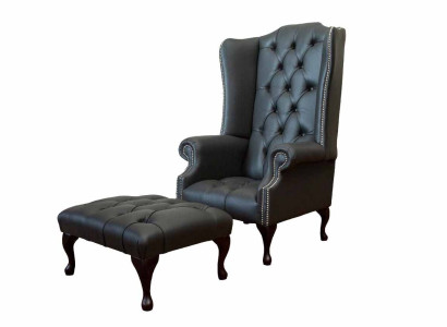 Sessel mit Hocker Designer Polstersessel Chesterfield Ohrensessel Neu