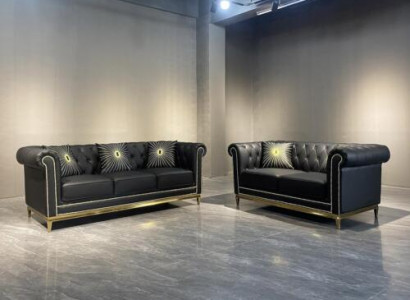 Schwarze Chesterfield Wohnzimmer Couchgarnitur Luxus Set 3+2 Sitzer 2tlg.