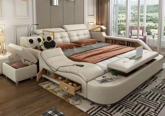 Multifunktions Bett Luxus Design Leder Betten Doppel Regal 180x200cm
